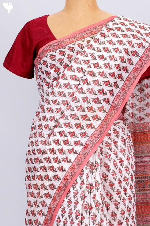 Kota Doria Saree In Floral Block Print